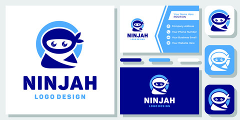Cute Ninja Cartoon Character Kawaii Katana Warrior Japan Logo Design with Business Card Template