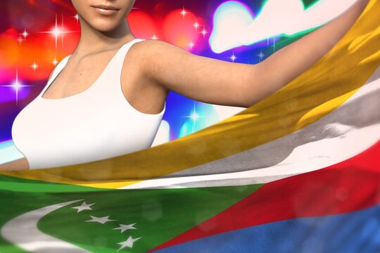 sexy lady holds Comoros flag in front on the party lights - flag concept 3d illustration