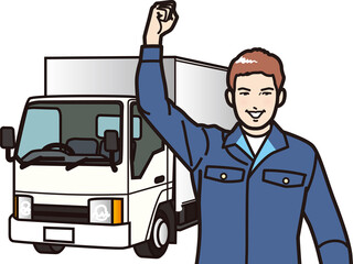 ガッツポーズ　トラックドライバーの男性