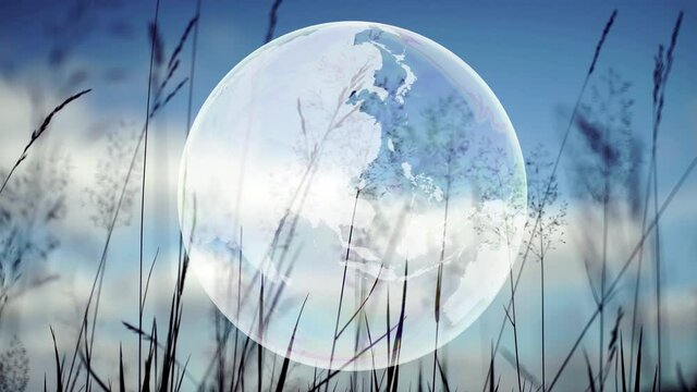 Fragile Earth.
World map composited on a soap bubble with a grass and sky background.