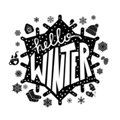 Hello winter season calligraphy quote text vector