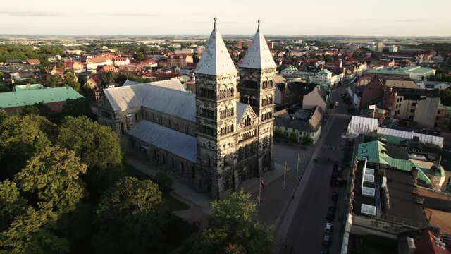 Drone circling Lund Cathedral, Sweden
