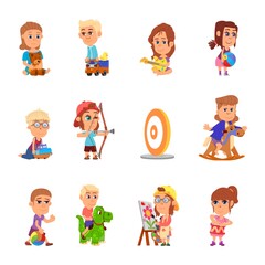 Cartoon kids play with toys. Children playing, kid with toy. Kindergarten or preschool baby, isolated boy girl gaming with ball, decent vector characters