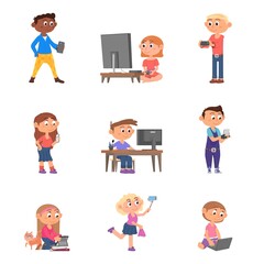 Children with gadgets. Computer gamer, kid using digital devices. Boy girl with smartphone, fun play with mobile tablet decent vector characters