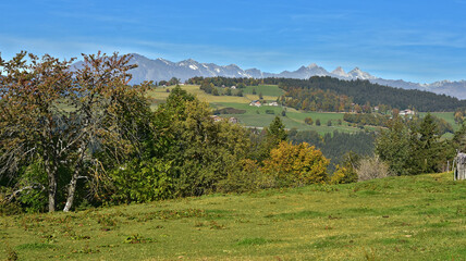 Fototapeta na wymiar Südtirol bei Meran-Schenna; Wandern bei Mölten - Verschneid, Blick zur Texelgruppe