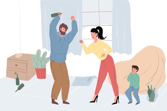 Vector cartoon flat parents characters quarreling about dad drinking problem,while upset unhappy child watching.Family relationships,social behavior and psychology concept,web site banner ad design