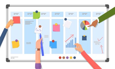 Planning board. Company work strategy, programming project plan. Team make schedule, managers collaboration. Discuss working week decent vector concept