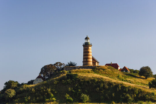 Scenic view of the Srogo Lighthouse at the store belt bridge in Denmark,