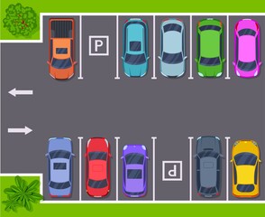 Car parking top view. Cars on street, many autos on stand places. City road, transportation concept. Modern city outdoor area project, exact vector concept © LadadikArt