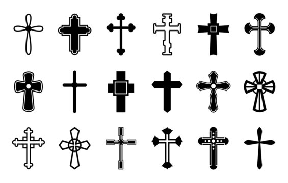 Christian cross set. Crosses collection, christianity holy isolated elements. Catholic orthodox religious symbols. Crucifix silhouette exact vector icons