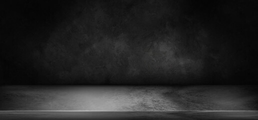 Black Table Or Floor And Wall In The Dark Textured Background.