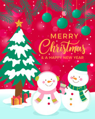 Snowman couple cartoon illustration with pine leaves and balls background for Christmas and new year celebration.
