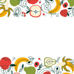 Simple frame with fruits and berries. Poster with space for a text. Vector flat illustration with organic plant foods