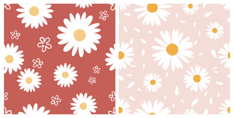 Seamless patterns with cute hand drawn daisy flower on red and pink backgrounds vector illustration. 
