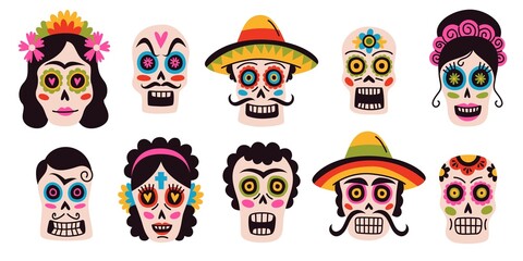 Dead day skulls. Different decor mexican male and female sugar skulls, sombreros, floral wreath and mustache, calavera skeletons with bright flowers and leaves vector isolated set