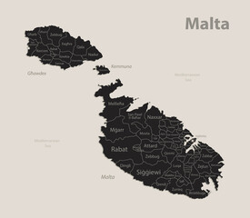 Black map of Malta with names of regions, design blackboard vector