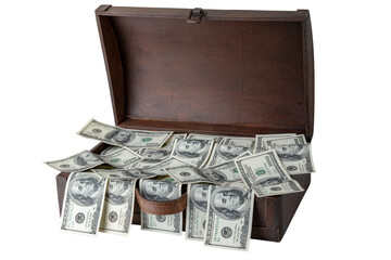 Business and finance concept. Wooden box full of 100 dollars banknotes isolated on white background. Clipping path. Space for text display montage. Concept of money and earnings.