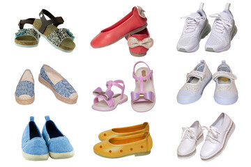 Collage set children summer shoes. Collection of seasonable various colorful children shoes, girls sandals, denim shoes and sneaker isolated on a white background. Kids summer fashion.