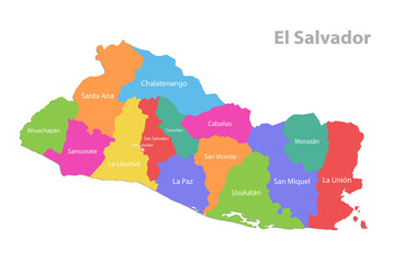El Salvador map, administrative division, separate individual regions with names, color map isolated on white background vector