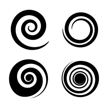 Spirals. Circle black twirl different forms, twisted swirl silhouette. Abstract wave curve shape pictogram, creative round logo, decorative element brush texture vector isolated icons set