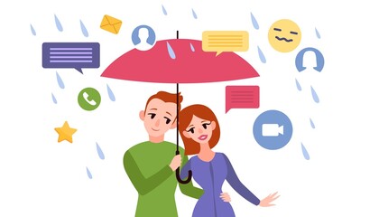 In private. Hide from social networks. Protection of negative news and calls. Happy couple with umbrella protects from rain and flow of spam or messages. Media noise. Vector concept