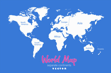 World map, separate continents whit names, blue background vector