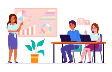 Business people project presentation. Woman indicates statistics on conference, office team meeting, schedules discussion, manager and employees vector cartoon flat style isolated concept