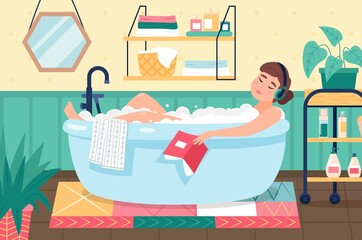 Woman taking bath. Girl lies in bubble soap foam, listens music with headphones and reads book, home bathroom relax and spa, cozy interior, home beauty routine vector isolated concept