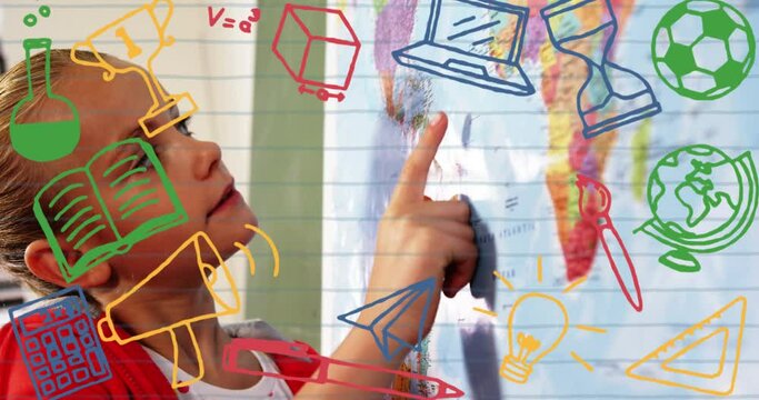 Animation of school icons over schoolgirl looking at map at school