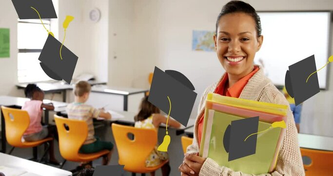 Animation of school graduation hat icons over smiling female teacher and school children at school