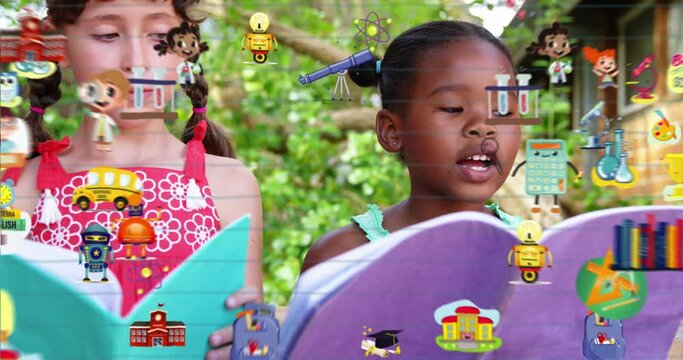 Animation of school icons over schoolgirls reading at school