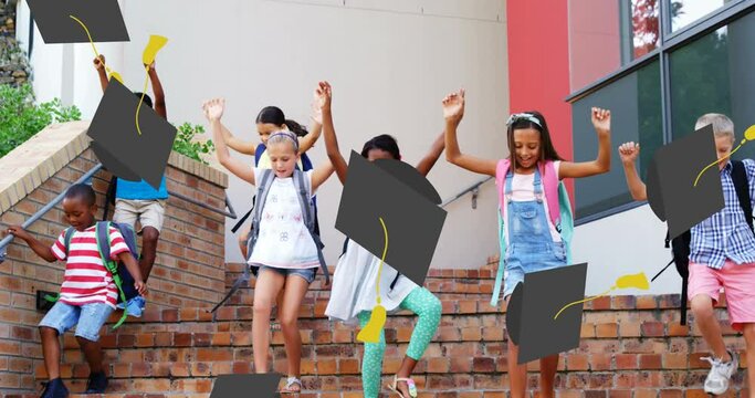 Animation of school graduation hat icons over happy school children leaving school