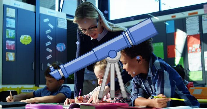 Animation of school telescope and icon over female teacher and school children at school