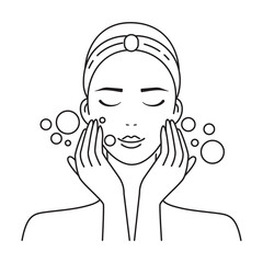 Washing face icon. Vector line illustration of woman taking care of her skin. Makeup removing. Morning skincare routine. Visual instruction