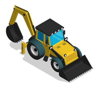 Isometric Construction equipment tractor with front and rear bucket. Industrial machinery and equipment. Realistic cartoon 3d vector isolated on white background