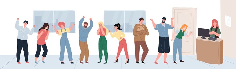 Vector cartoon flat visitors characters queue at reception in various aggressive moods,different persons and poses.Communication,anger management and social behavior concept,web site banner ad design