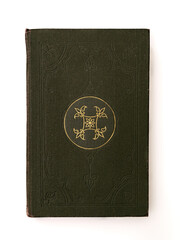Old leather-bound book on white background