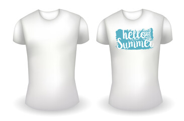 Blank white male t shirt realistic template and white t shirt with label. Hello summer badge. Vector