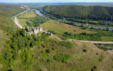 Drone panorama above Soimos - medieval citadel guarding Mures Valley from its high location on top...