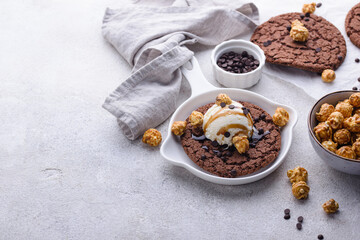 Giant chocolate skillet cookies with ice cream