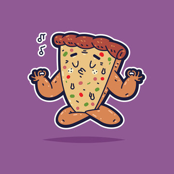 Cute pizza in yoga poses vector cartoon character isolated on background.