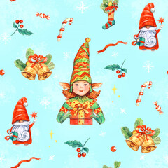 Watercolor Seamless pattern with characters on a light blue background. Gnome, Elf and bells, gifts. New year, Christmas mood. 