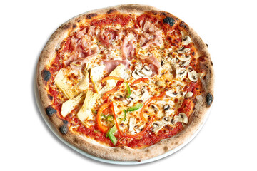 Overhead shot of four seasons pizza isolated on white