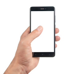 Hand holding black smartphone isolated on white background