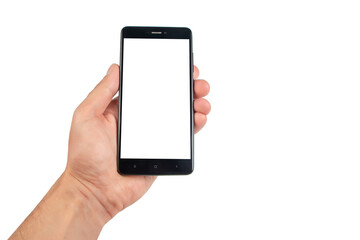 Obraz na płótnie Canvas Hand holding black smartphone isolated on white background