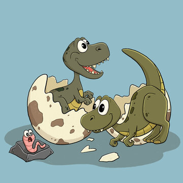Two tyrex dinosaur babies hatched from an egg. Tyrannosaurus rex. A large reptile. Lizard. A prehistoric animal. Jurassic Period