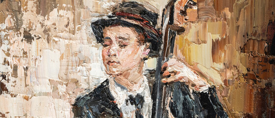 Man in hat plays double bass. Jazz band musician. Oil painting on canvas. Modern Art. - obrazy, fototapety, plakaty
