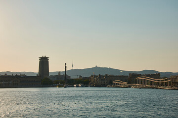 Sunset view of Port Vell during summer season in Barcelona, Catalonia, Spain