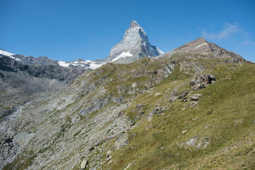 the 4478 m high matterhorn in switzerland, one of the highest and most famous mountains in the european alps.