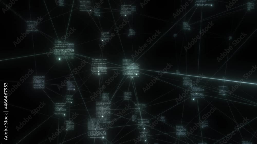 Poster program text on a black background with white connecting lines. futuristic computer. blockchain info